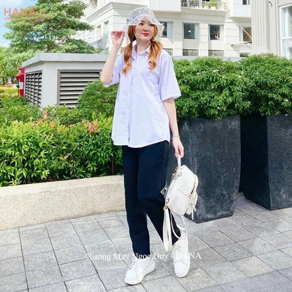Áo Sơ mi trắng nữ cộc tay dài tay học sinh tay ngắn lỡ form rộng túi ngực cổ bẻ xanh trắng