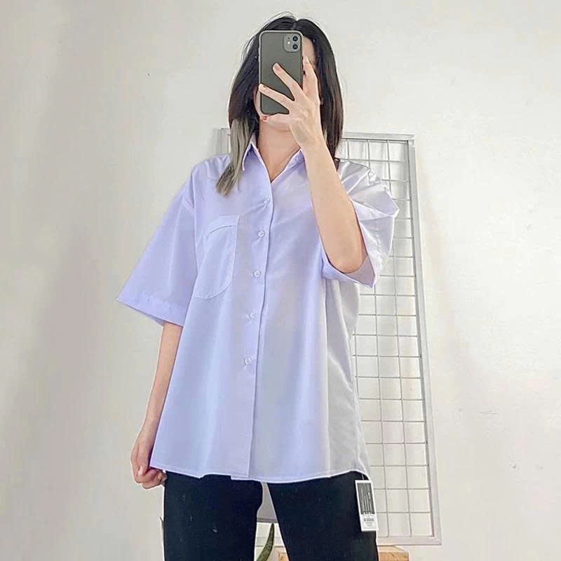 Áo Sơ mi trắng nữ cộc tay dài tay học sinh tay ngắn lỡ form rộng túi ngực cổ bẻ xanh trắng