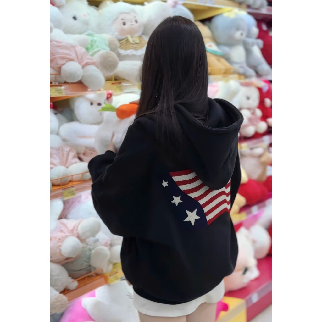 Áo Hoodie Zip Thêu Xù Họa Tiết Cờ Mỹ, Áo Hoodie Form Boxy, Chất nỉ bông dày dặn, ấm áp, khoác ngoài form rộng nam nữ