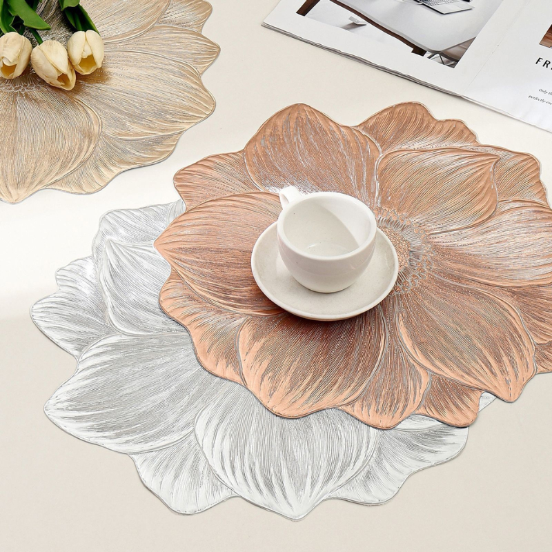 Tấm Lót Bàn Ăn, Bình Hoa PVC Hình Bông Hoa Bronzing Ánh Kim – Thảm Lót Bàn Placemat Sang Trọng Phong Cách Châu Âu |347