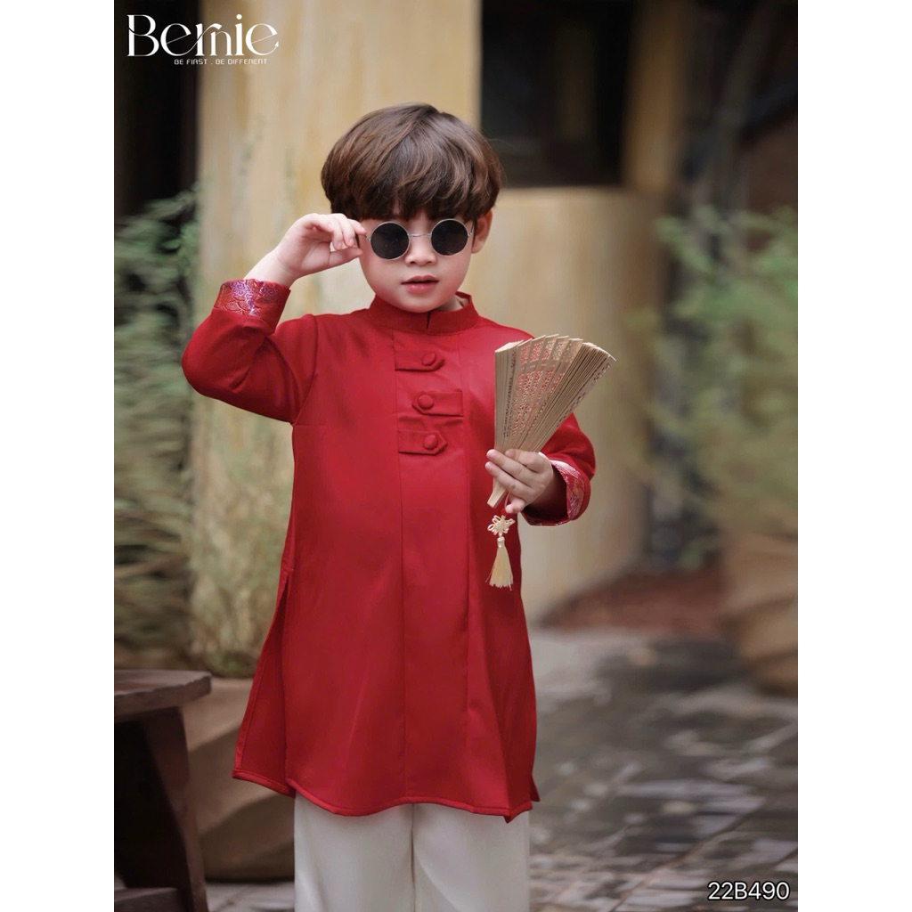 Set áo dài lụa Bernie phối gấm rồng sang trọng, chất lụa mềm mại cho bé trai 89-22kg (Kèm quần)