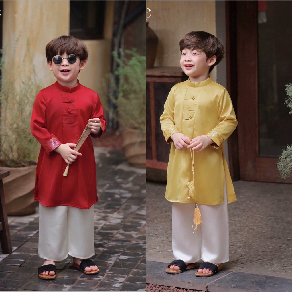 Set áo dài lụa Bernie phối gấm rồng sang trọng, chất lụa mềm mại cho bé trai 89-22kg (Kèm quần)
