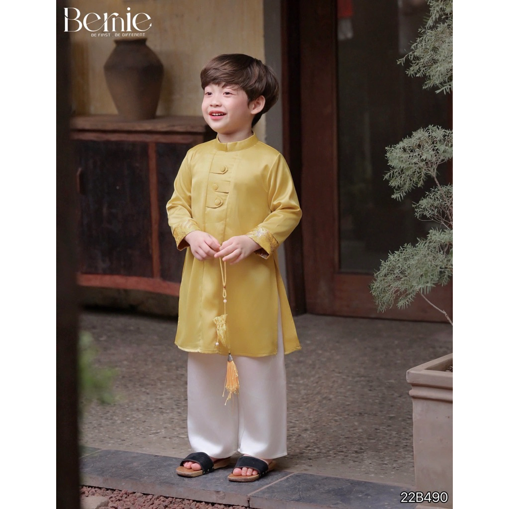 Set áo dài lụa Bernie phối gấm rồng sang trọng, chất lụa mềm mại cho bé trai 89-22kg (Kèm quần)