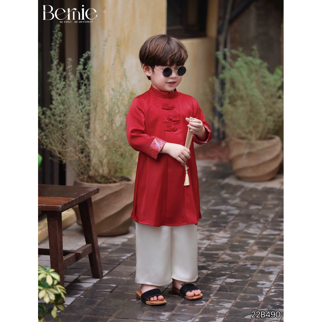 Set áo dài lụa Bernie phối gấm rồng sang trọng, chất lụa mềm mại cho bé trai 89-22kg (Kèm quần)