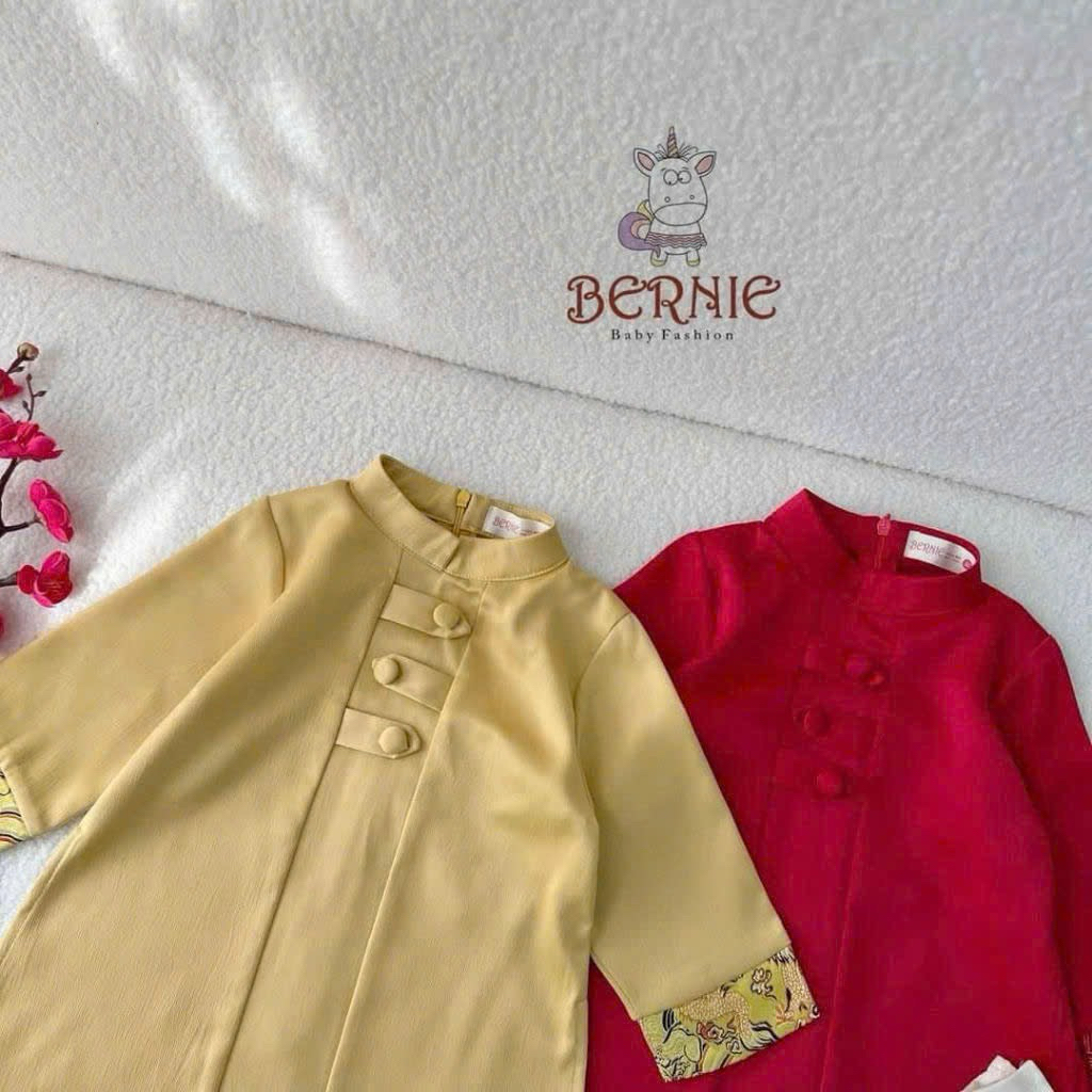 Set áo dài lụa Bernie phối gấm rồng sang trọng, chất lụa mềm mại cho bé trai 89-22kg (Kèm quần)