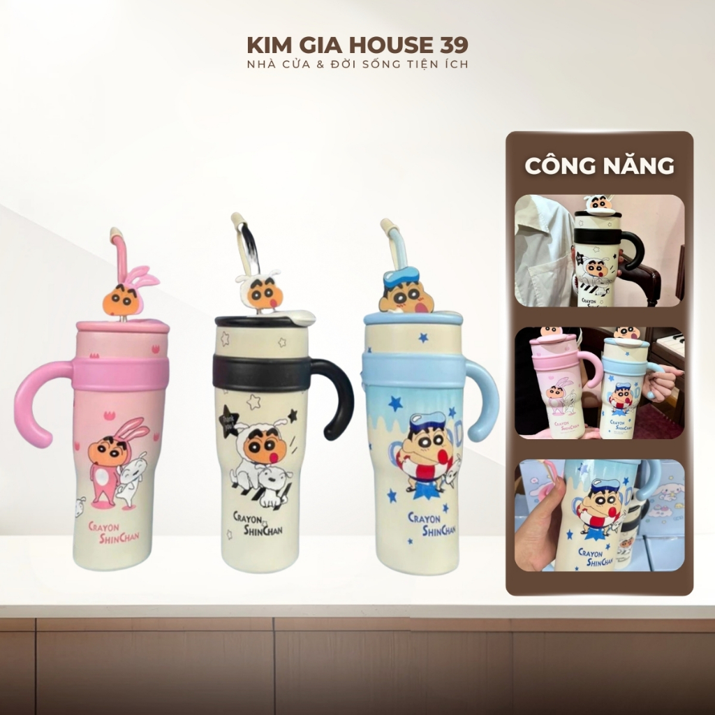 Cốc Giữ Nhiệt Cao Cấp Hoạt Hình Dễ Thương Crayon Shin-chan Inox 304, Có Nắp Và Tay Cầm
