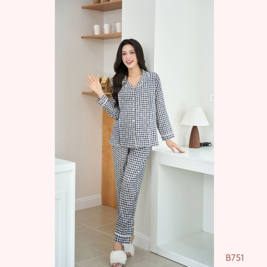 [BỘ TAY DÀI] pijama bầu và sau sinh chất đũi lạnh cao cấp, mềm mại thoáng mát cho con ti tiện lợi - B751 B2MUM