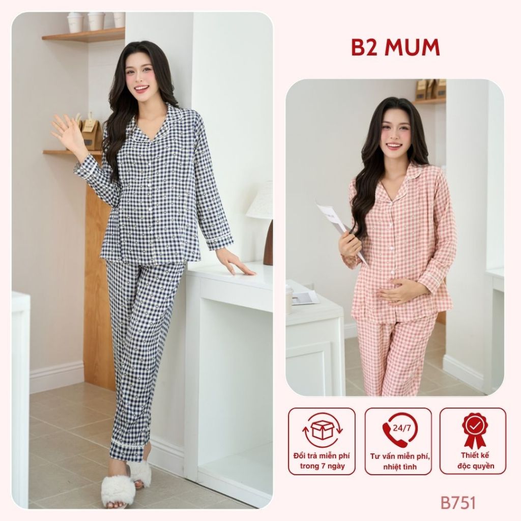 [BỘ TAY DÀI] pijama bầu và sau sinh chất đũi lạnh cao cấp, mềm mại thoáng mát cho con ti tiện lợi - B751 B2MUM