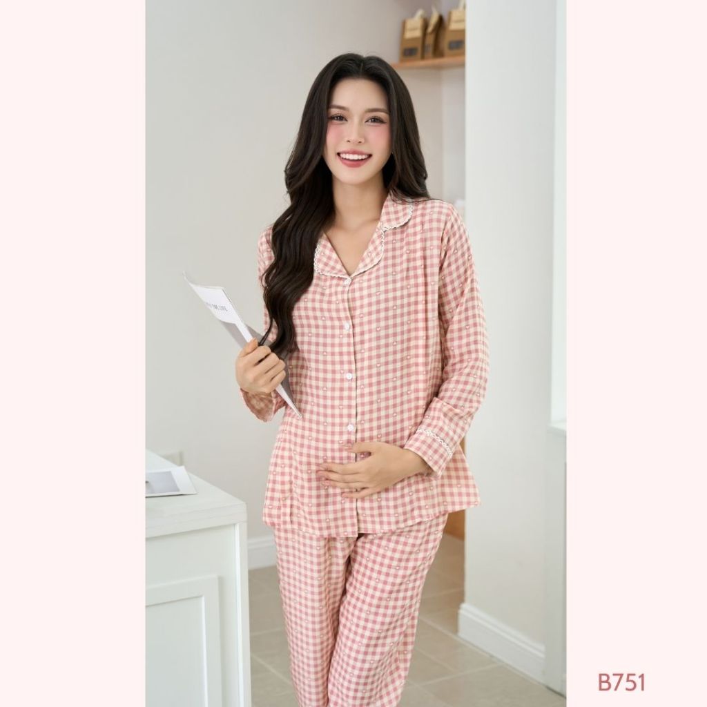 [BỘ TAY DÀI] pijama bầu và sau sinh chất đũi lạnh cao cấp, mềm mại thoáng mát cho con ti tiện lợi - B751 B2MUM