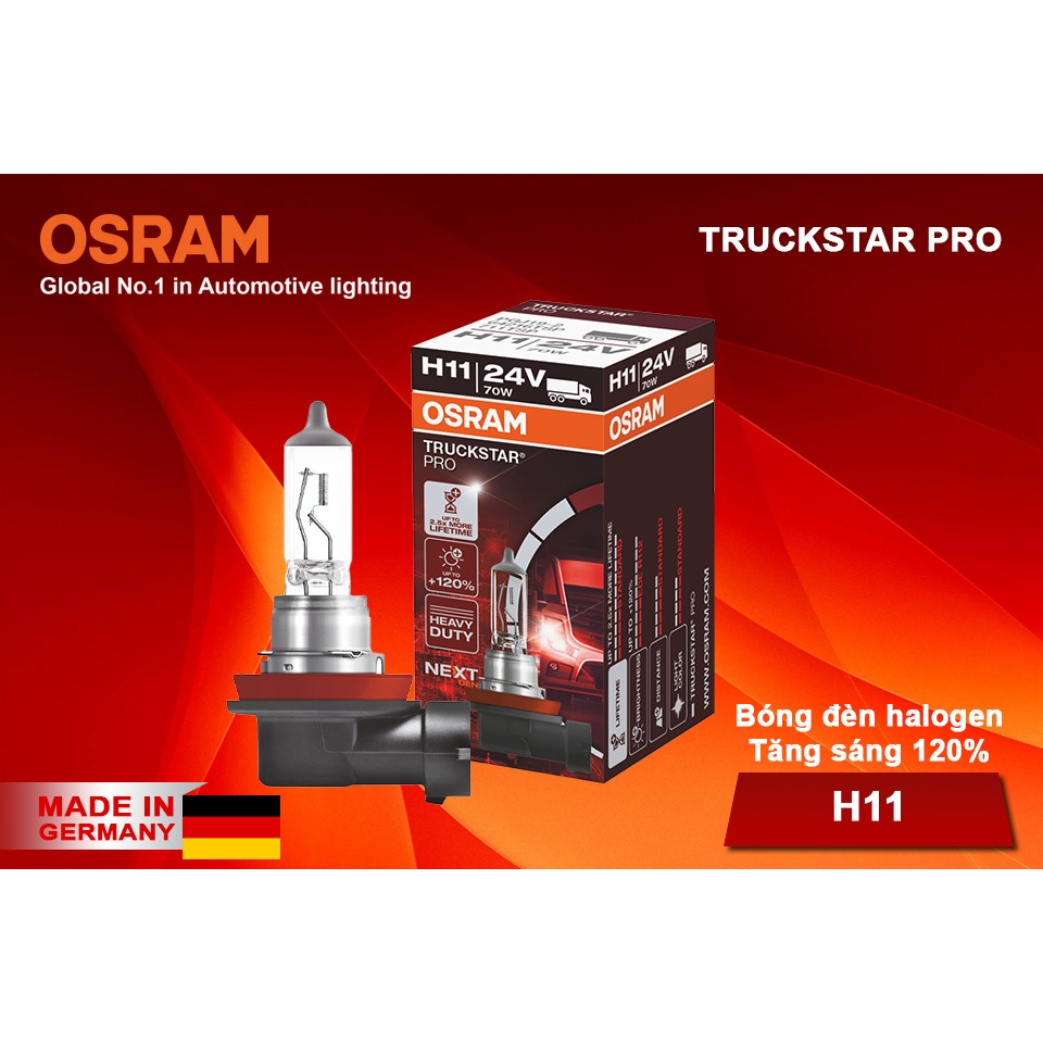 Bóng Đèn Halogen Tăng Sáng 120% OSRAM Truckstar Pro H11 24V 70W
