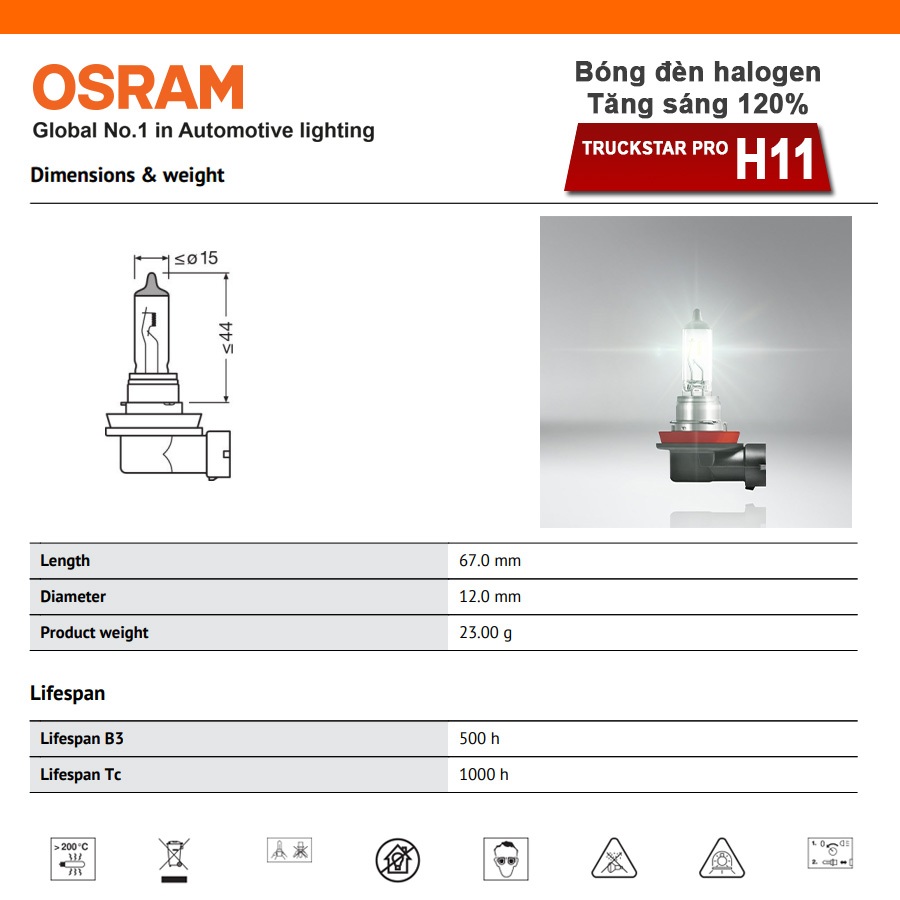 Bóng Đèn Halogen Tăng Sáng 120% OSRAM Truckstar Pro H11 24V 70W