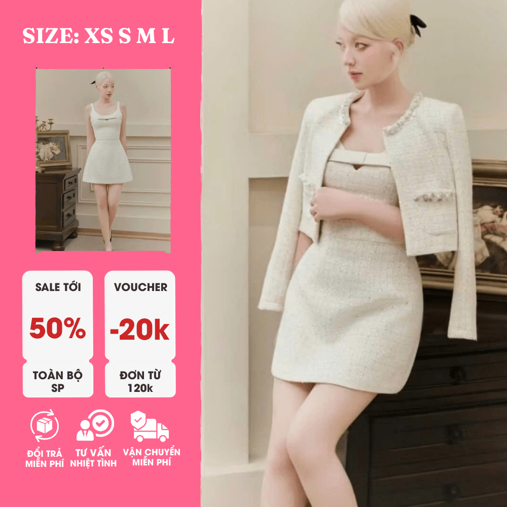 Sét Dạ Tweed Trắng 2 Món – Thanh Lịch, Sang Trọng, Dáng A Tôn Dáng (Có Size XS)