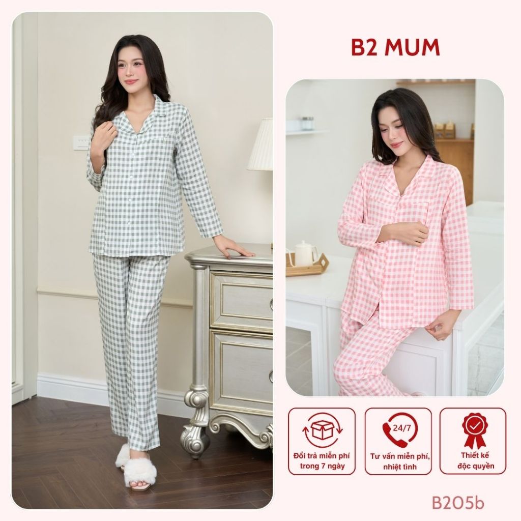[BỘ TAY DÀI] kẻ caro chất mềm mại, khóa dọc ti tiện lợi cho con bú phù hợp với mẹ bầu và sau sinh - B205B B2MUM