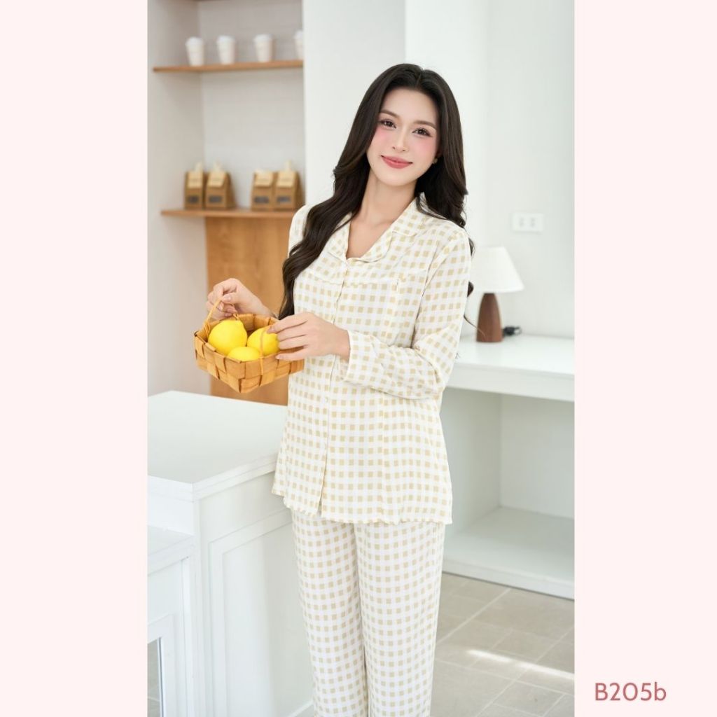 [BỘ TAY DÀI] kẻ caro chất mềm mại, khóa dọc ti tiện lợi cho con bú phù hợp với mẹ bầu và sau sinh - B205B B2MUM