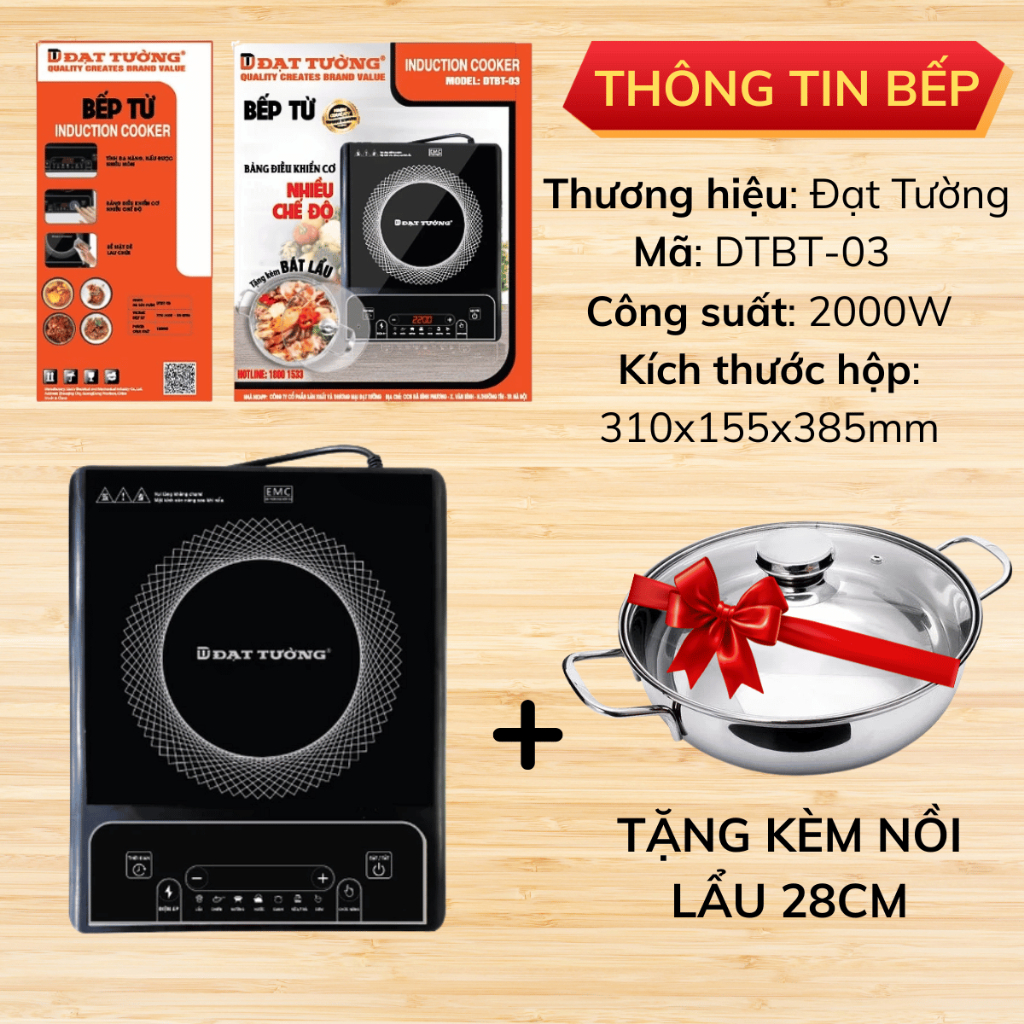 Bếp từ Đạt Tường chính hãng công suất 2000W, bếp điện từ 8 chế độ nấu đa năng, tặng kèm nồi lẩu 28cm