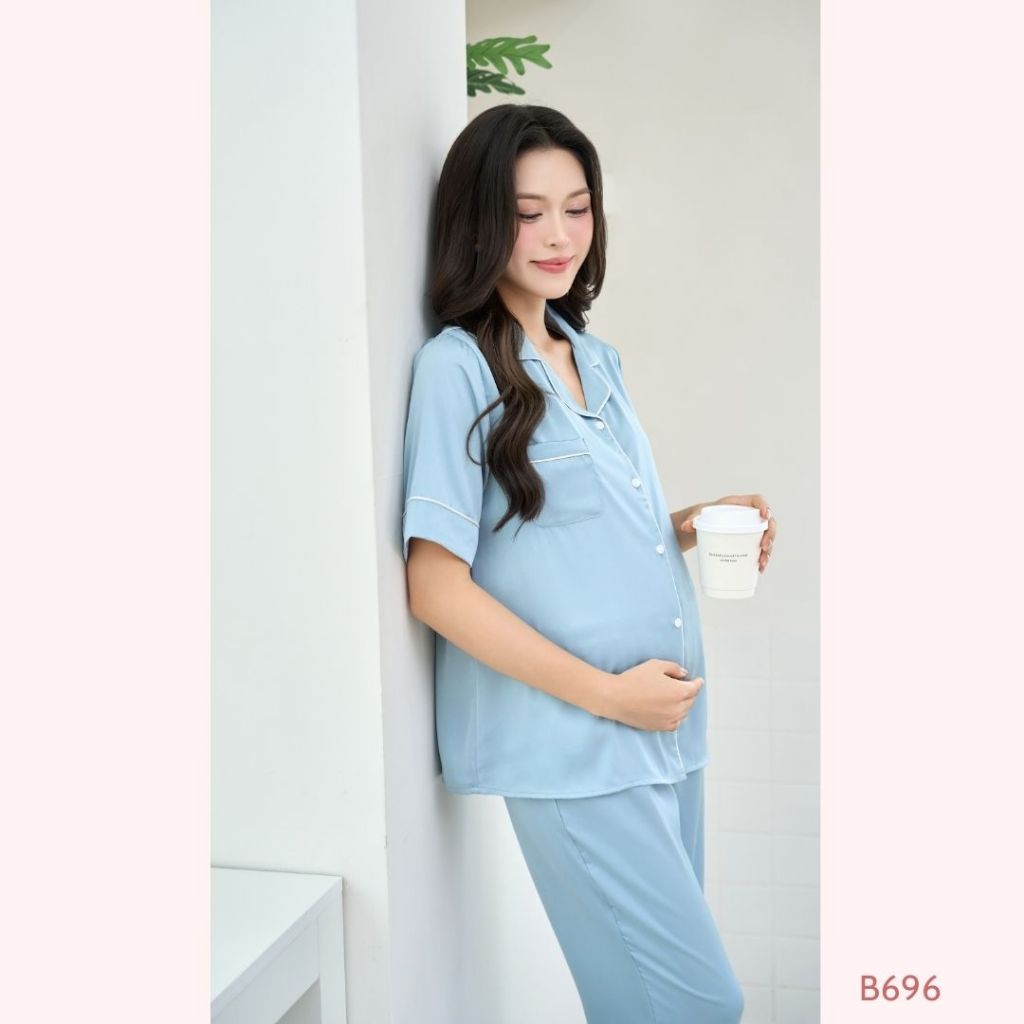 [BỘ TAY CỘC] Lụa Latin cao cấp mềm mát, quần chun cúc điều chỉnh cho mẹ bầu và sau sinh B696 B2 MUM