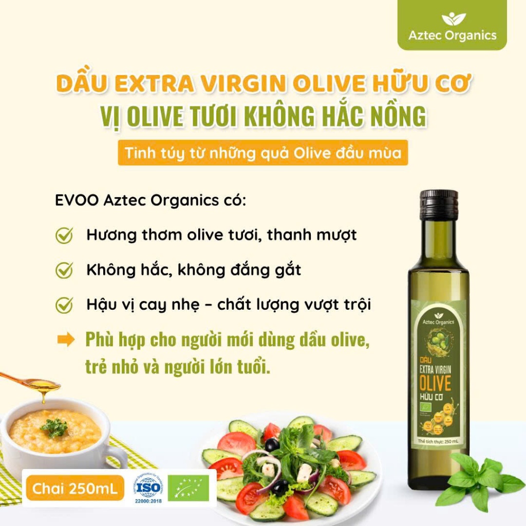 Dầu Olive Ép Lạnh Hữu Cơ Extra Virgin  AZTEC ORGANICS Dầu Oliu 250ml