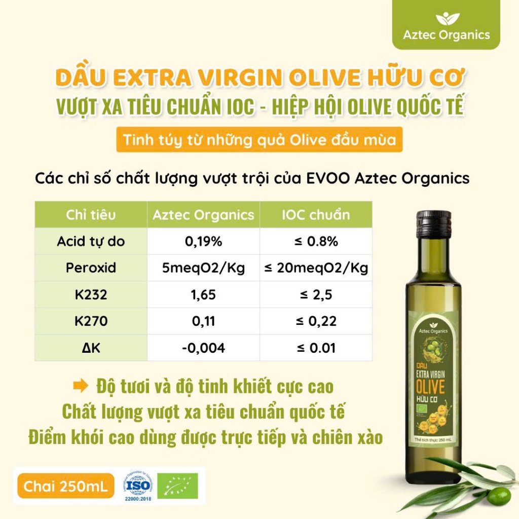 Dầu Olive Ép Lạnh Hữu Cơ Extra Virgin  AZTEC ORGANICS Dầu Oliu 250ml