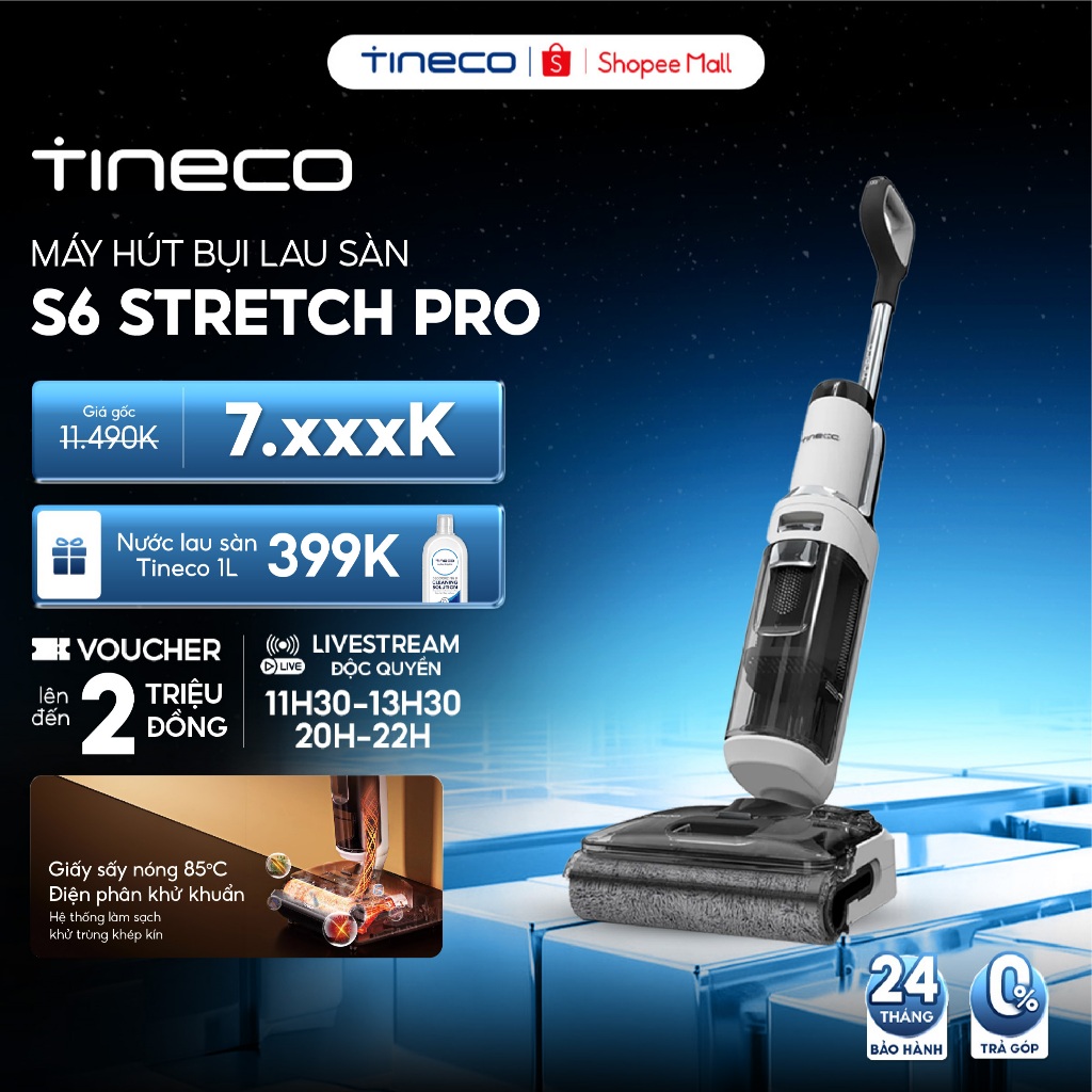 Máy hút bụi lau sàn khô ướt Tineco Floor One S6 Stretch Pro-Điện phân khử khuẩn - Lực hút 20000pa - Bảo Hành 24 Tháng