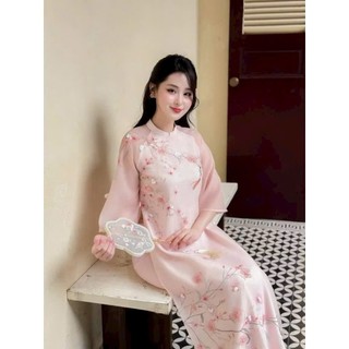 Set áo dài thời trang Nữ màu hồng pastel dịu dàng áo voan ánh kim tay loe cổ tàu phối quần dài phi lụa bóng mượt