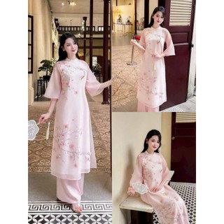 Set áo dài thời trang Nữ màu hồng pastel dịu dàng áo voan ánh kim tay loe cổ tàu phối quần dài phi lụa bóng mượt