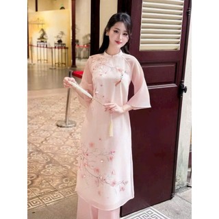 Set áo dài thời trang Nữ màu hồng pastel dịu dàng áo voan ánh kim tay loe cổ tàu phối quần dài phi lụa bóng mượt