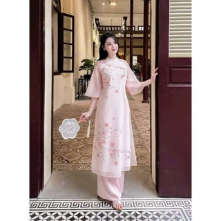 Set áo dài thời trang Nữ màu hồng pastel dịu dàng áo voan ánh kim tay loe cổ tàu phối quần dài phi lụa bóng mượt