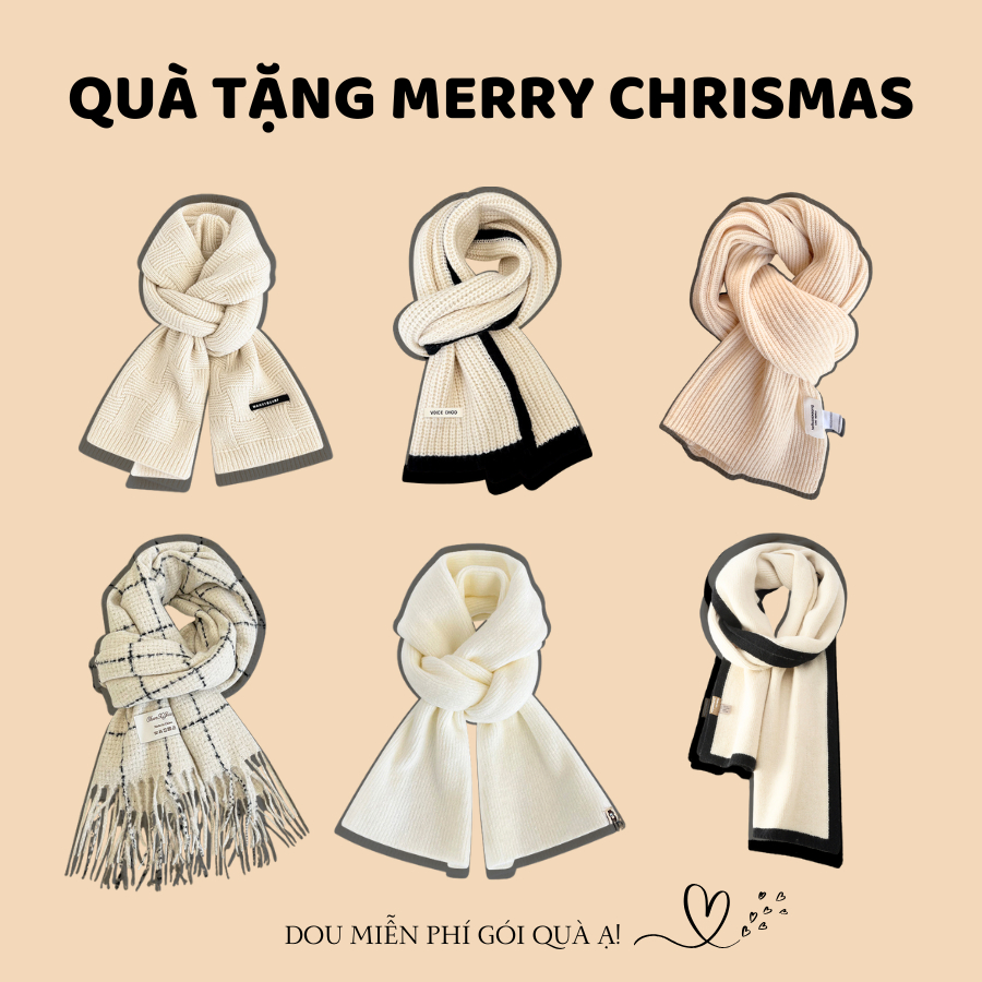 Khăn cashmere quàng cổ unisex, Khăn len dệt kim tone trắng be QUÀ TẶNG MERRY CHRISTMAS - Mã LN05