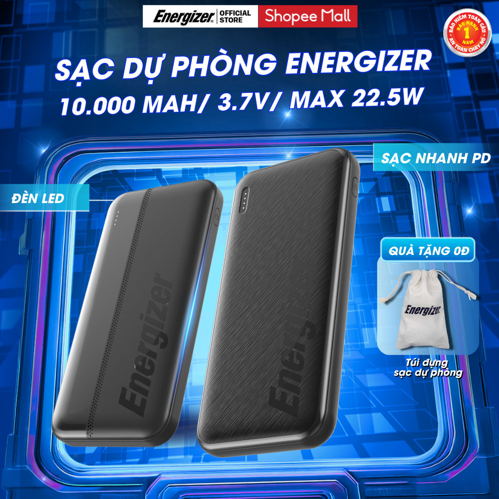 Pin sạc dự phòng Energizer 10000mAh/ 3.7V Max 15W, Sạc nhanh PD, 3 output, Bảo Hành Chính Hãng 1 năm