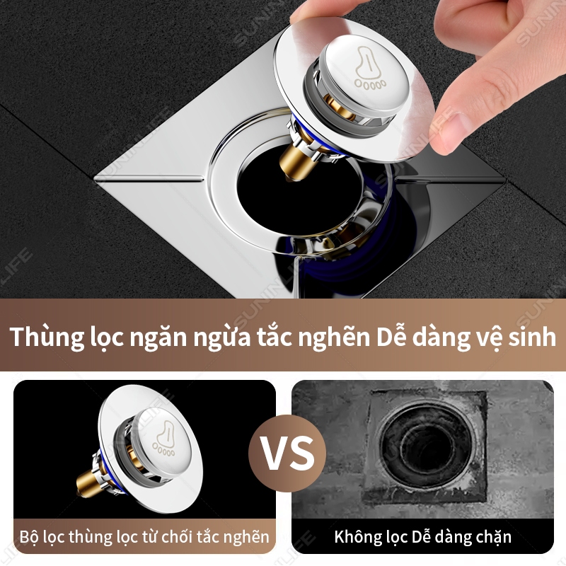 Nắp Thoát Sàn Ngăn Mùi Hôi Cống Inox Cao Cấp - Nhấn Xả Tiện Lợi, Chống Côn Trùng Nhà Tắm