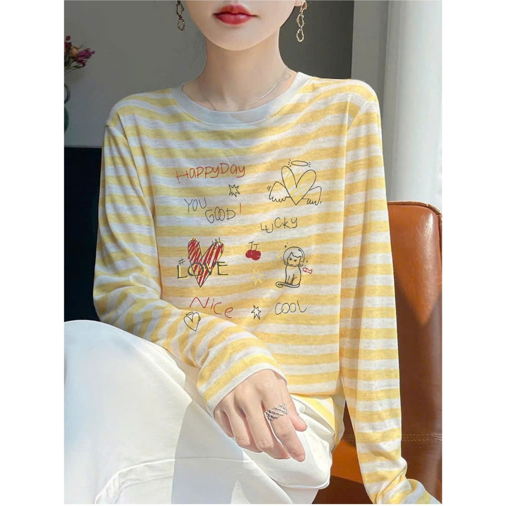 MÀU MỚI- Áo dài tay kẻ sọc ngang màu ngọt Vintage in hình JULY FASHION, Áo thun nữ tay dài dáng rộng, chất thun cotton