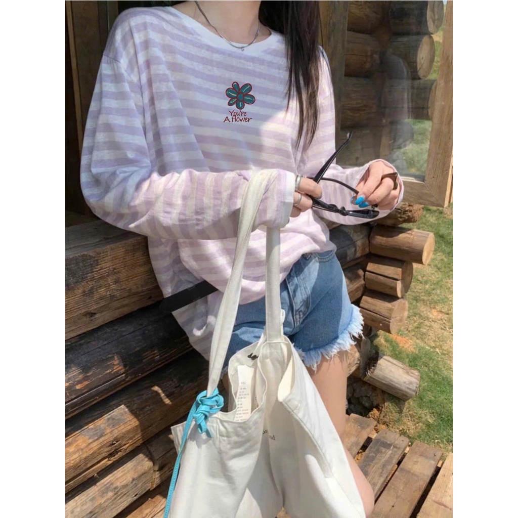 MÀU MỚI- Áo dài tay kẻ sọc ngang màu ngọt Vintage in hình JULY FASHION, Áo thun nữ tay dài dáng rộng, chất thun cotton