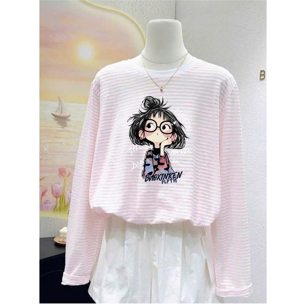 MÀU MỚI- Áo dài tay kẻ sọc ngang màu ngọt Vintage in hình JULY FASHION, Áo thun nữ tay dài dáng rộng, chất thun cotton