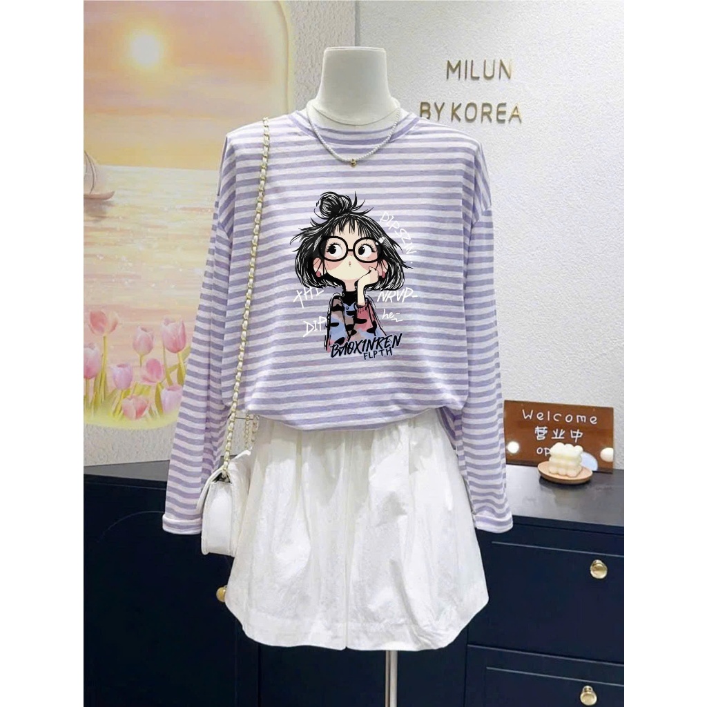 MÀU MỚI- Áo dài tay kẻ sọc ngang màu ngọt Vintage in hình JULY FASHION, Áo thun nữ tay dài dáng rộng, chất thun cotton