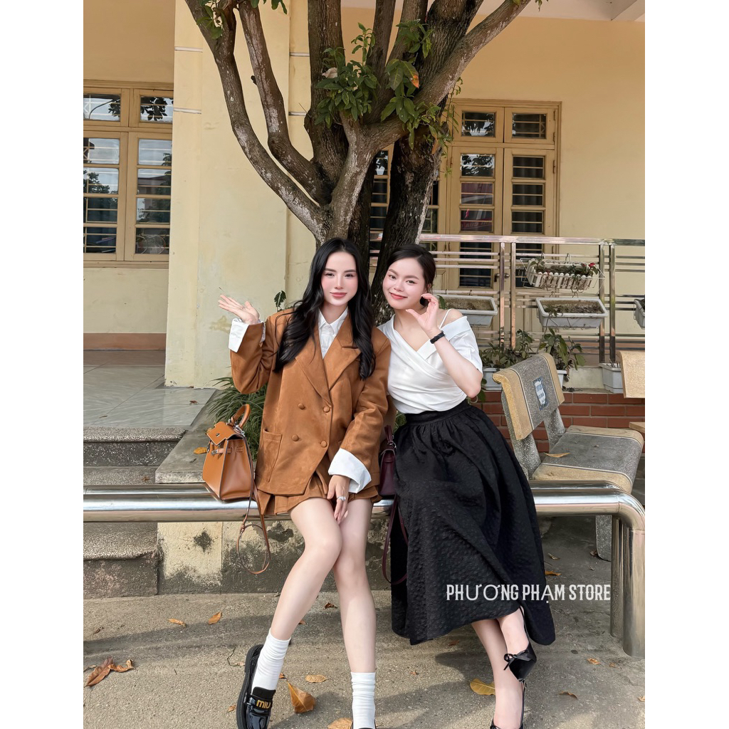 SET ÁO VEC MIX CHÂN VÁY XẾP LY CHẤT DA LỘN