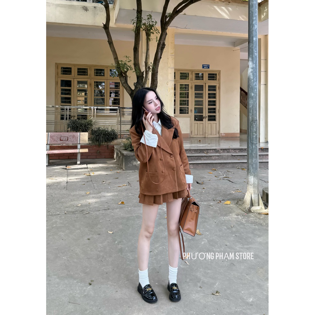 SET ÁO VEC MIX CHÂN VÁY XẾP LY CHẤT DA LỘN