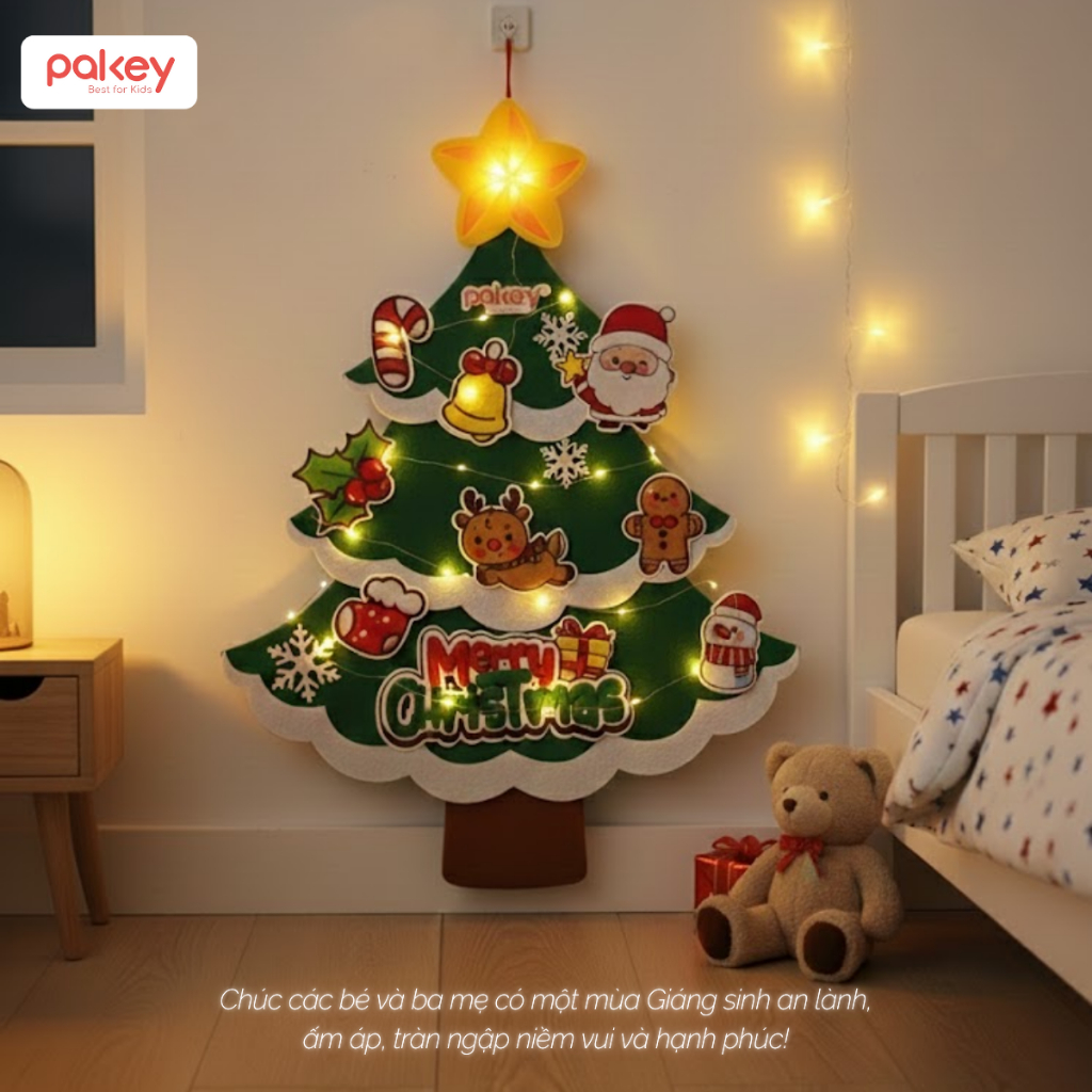 [QUÀ TẶNG] Set Cây Thông Treo Tường Trang Trí, Hộp Quà Giáng Sinh Cho Bé Có Kèm Dây Đèn Led + Dây Cờ Dạ Xanh Đỏ