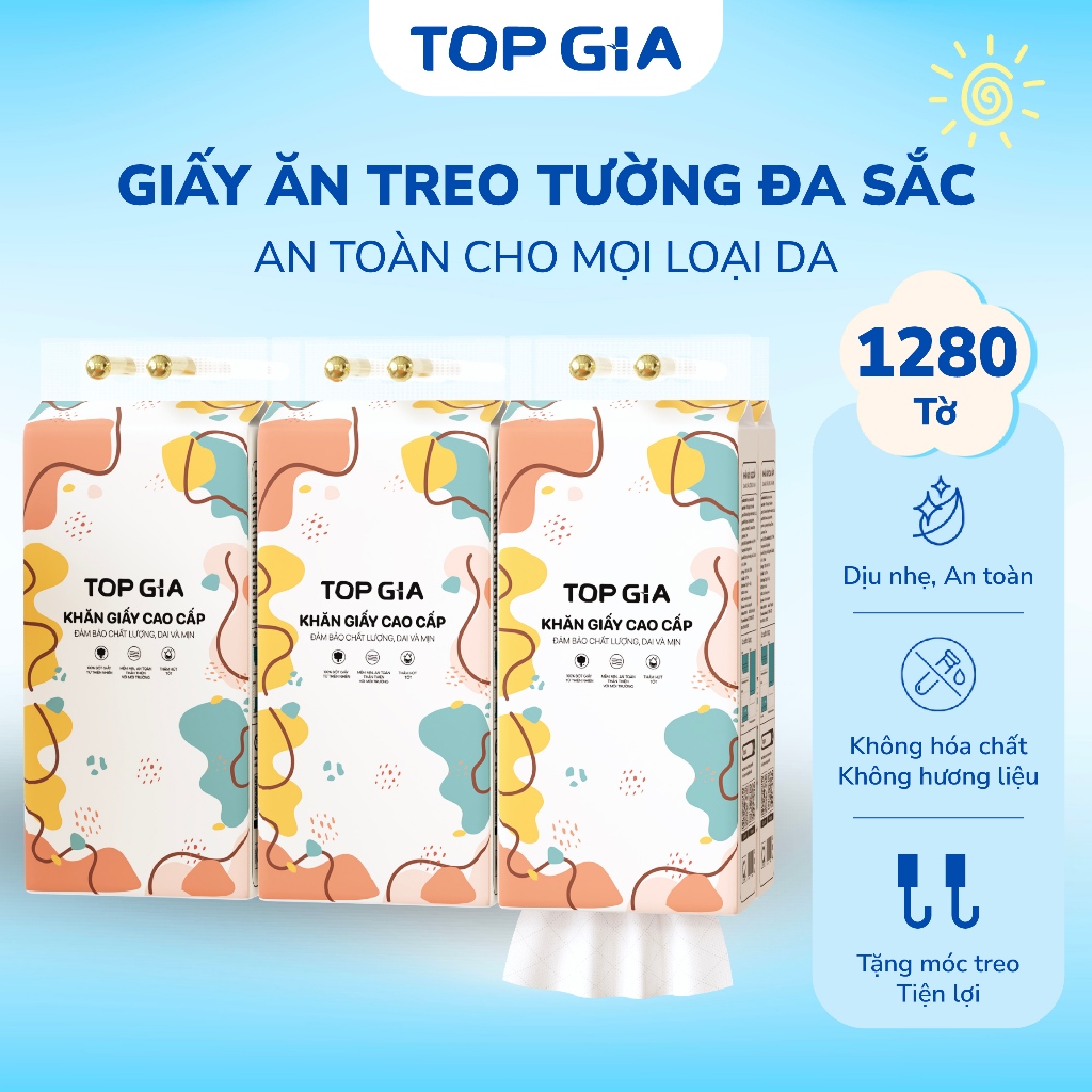 Khăn Giấy Rút Treo Tường Top Gia Đa Sắc, Bịch 1280 Tờ 4 Lớp, Không Gây Kích Ứng Da An Toàn Cho Sức Khỏe