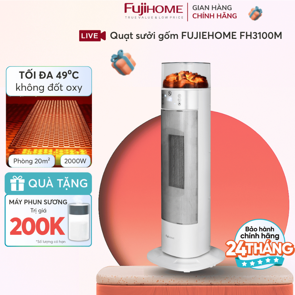 Máy Sưởi Gốm Ceramic Nhập Khẩu FUJIHOME 2000W FH3100, quạt sưởi không đốt oxy làm ấm cực nhanh, heater phòng ngủ
