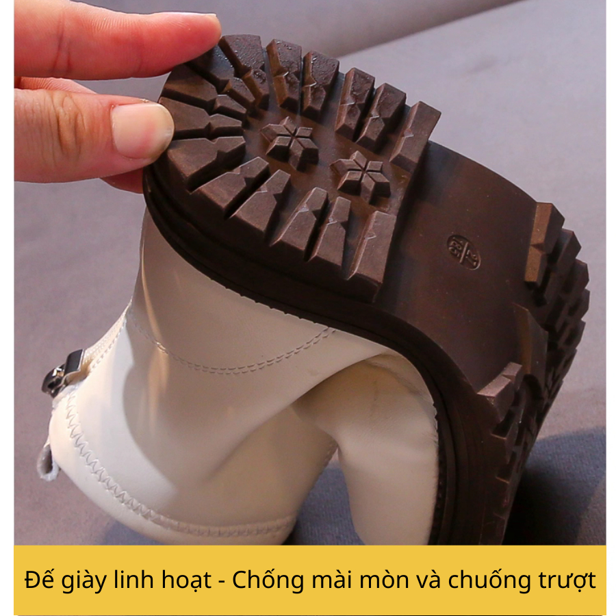 [M042] Bốt Bé Gái Đế Da Mềm Chống Trượt – Boot Cho Bé Gái Cổ Ngắn XInh Xắn Thời Trang  Màu Kem-Đen