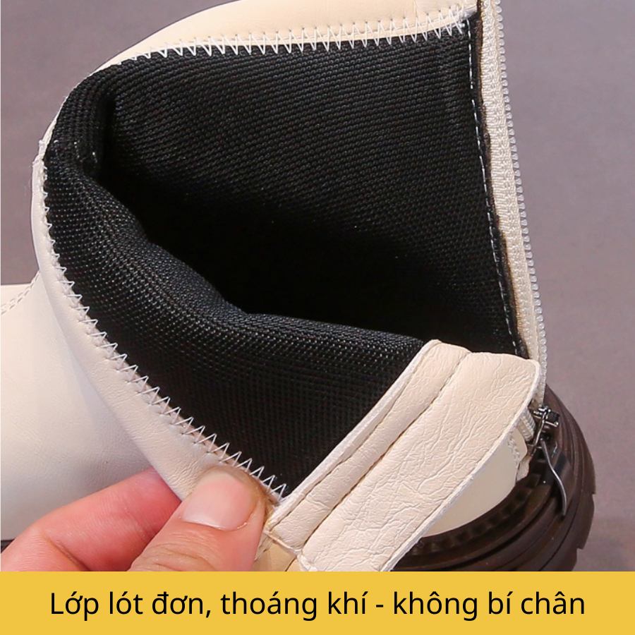 [M042] Bốt Bé Gái Đế Da Mềm Chống Trượt – Boot Cho Bé Gái Cổ Ngắn XInh Xắn Thời Trang  Màu Kem-Đen