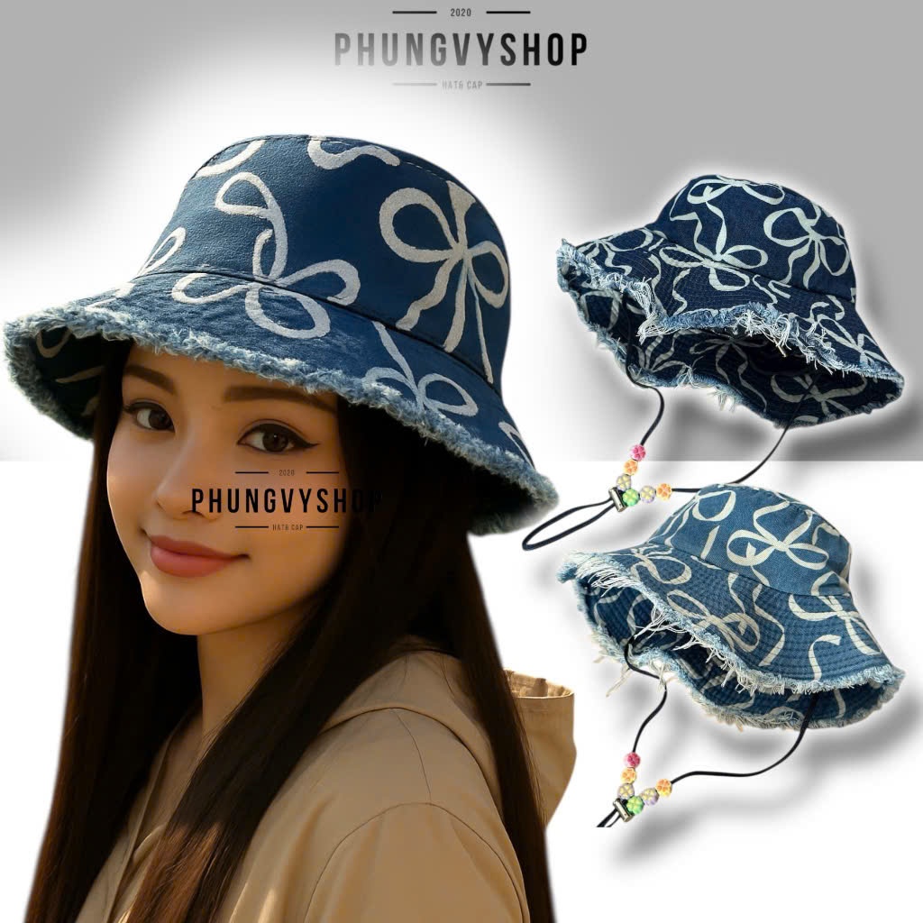 Mũ nón denim bucket tai bèo vành unisex nam nữ phungvyshop- / Bo lớn jean TUA NƠ IN LỚN dây có hột /