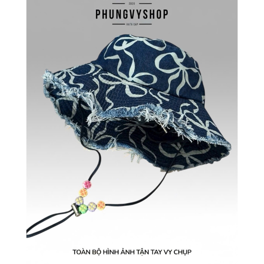 Mũ nón denim bucket tai bèo vành unisex nam nữ phungvyshop- / Bo lớn jean TUA NƠ IN LỚN dây có hột /