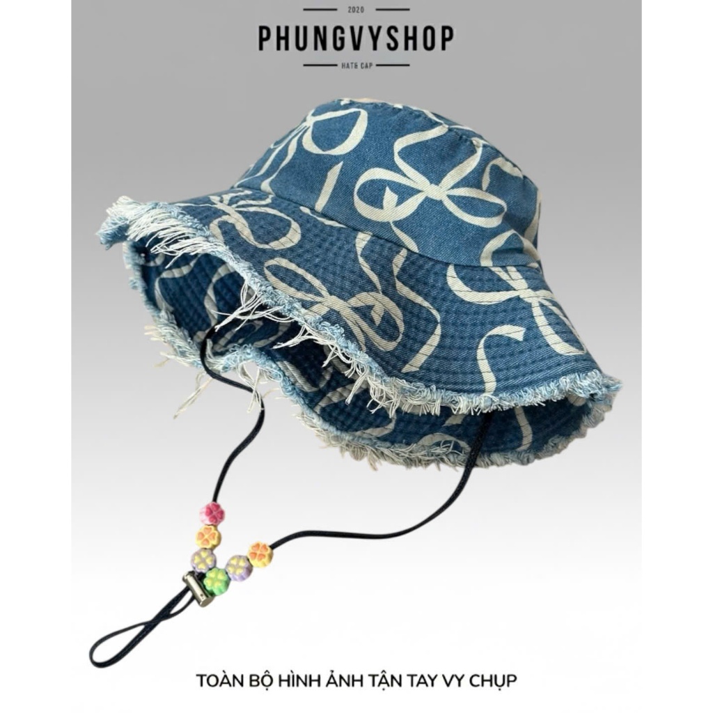 Mũ nón denim bucket tai bèo vành unisex nam nữ phungvyshop- / Bo lớn jean TUA NƠ IN LỚN dây có hột /