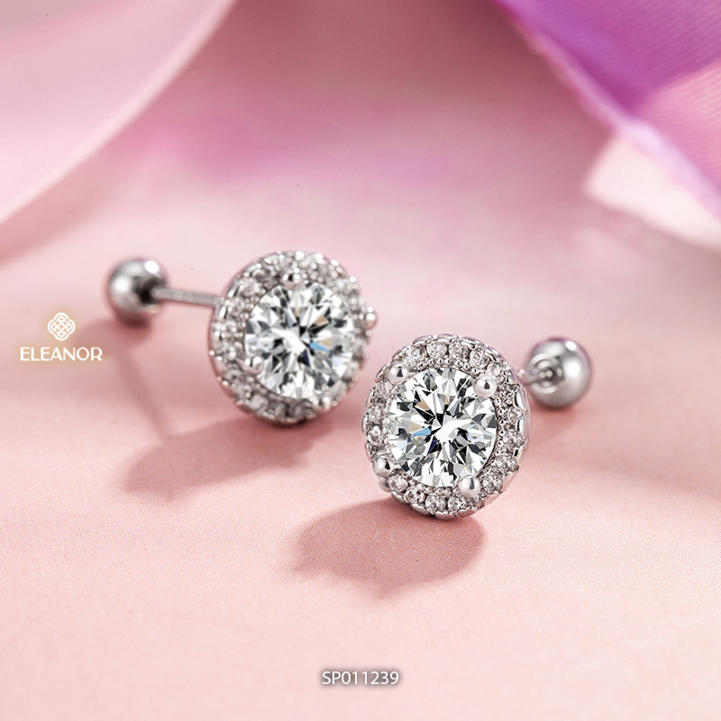 Bông tai nữ chuôi bạc 925 Eleanor Accessories hình tròn đính đá phụ kiện trang sức khuyên tai 11239