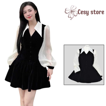 Váy nhung cổ V dáng xoè Cesy, váy tiểu thư sang chảnh tay voan chất liệu tuyết nhung 364