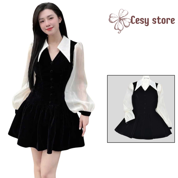 Váy nhung cổ V dáng xoè Cesy, váy tiểu thư sang chảnh tay voan chất liệu tuyết nhung 364