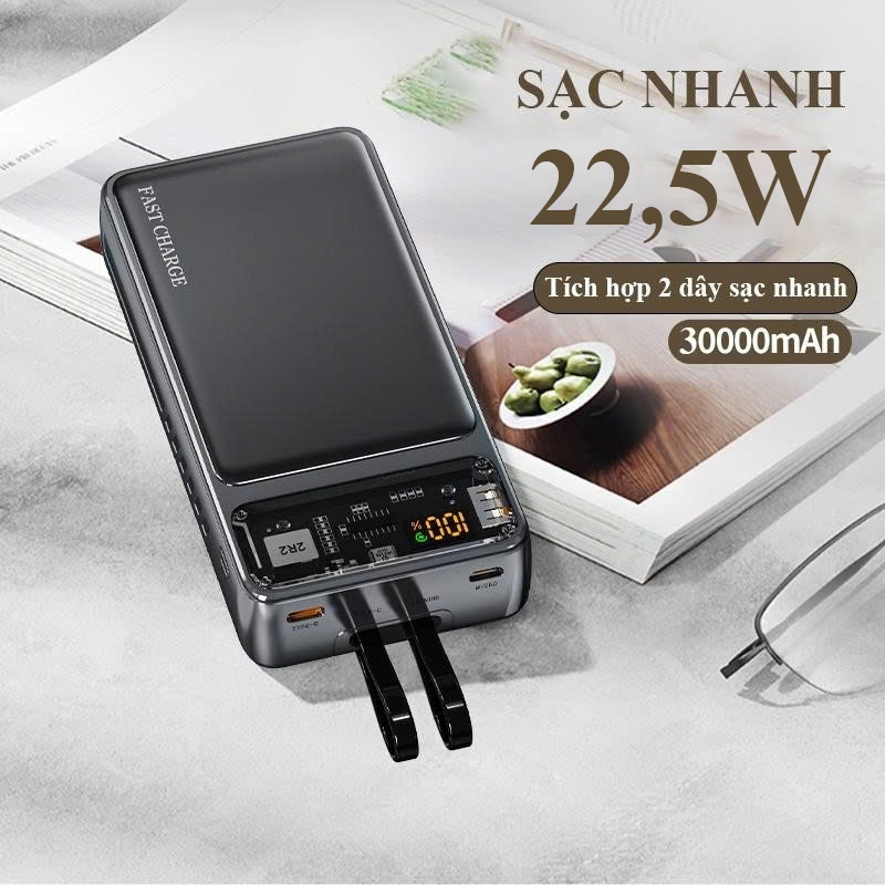 Sạc Dự Phòng 30000mAh Với Cổng Sạc Nhanh 22,5W và PD 20W Kèm 2 Đầu Sạc Màn Hình LED