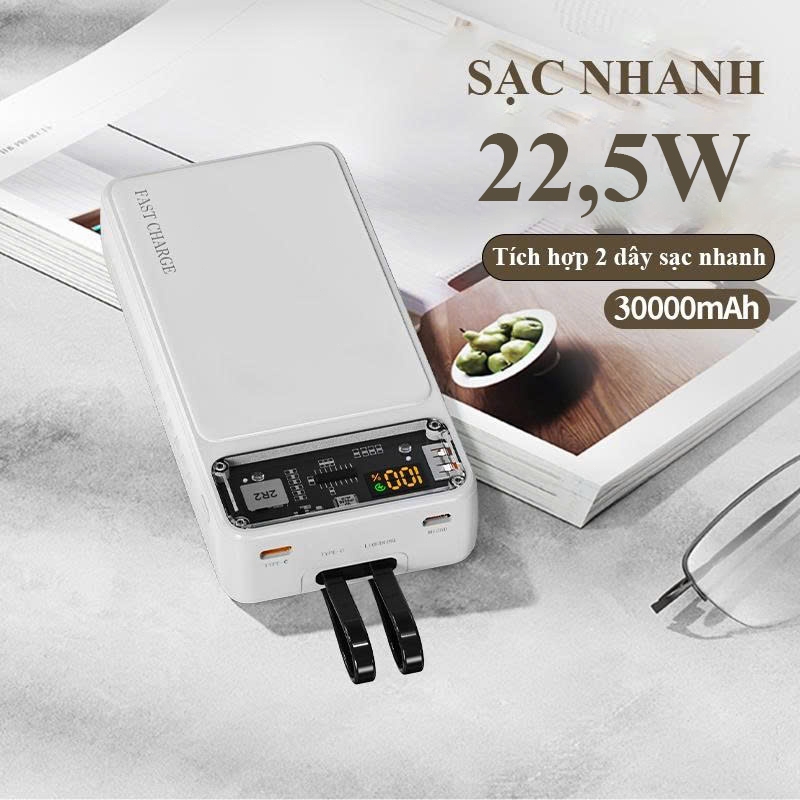 Sạc dự phòng 30000mah sạc nhanh màn hình led pin trâu có sẵn 2 dây sạc Type C LN