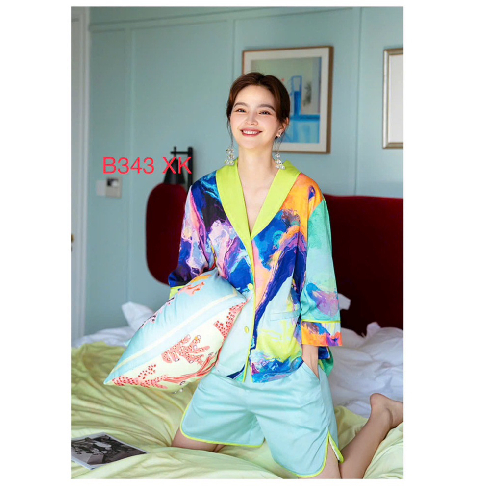 Bộ lụa đùi pyjama lụa mặc nhà màu sắc rực rỡ cao cấp